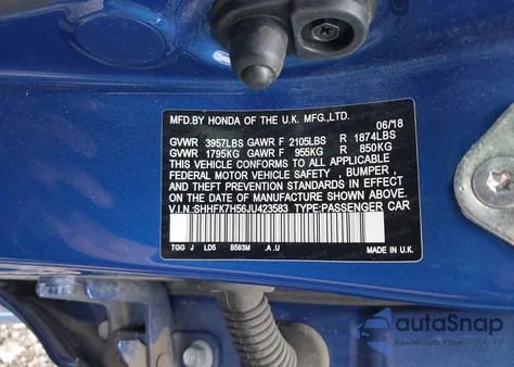 2018 Honda Civic Ex from USA, damaged, VIN SHHFK7H56JU423583